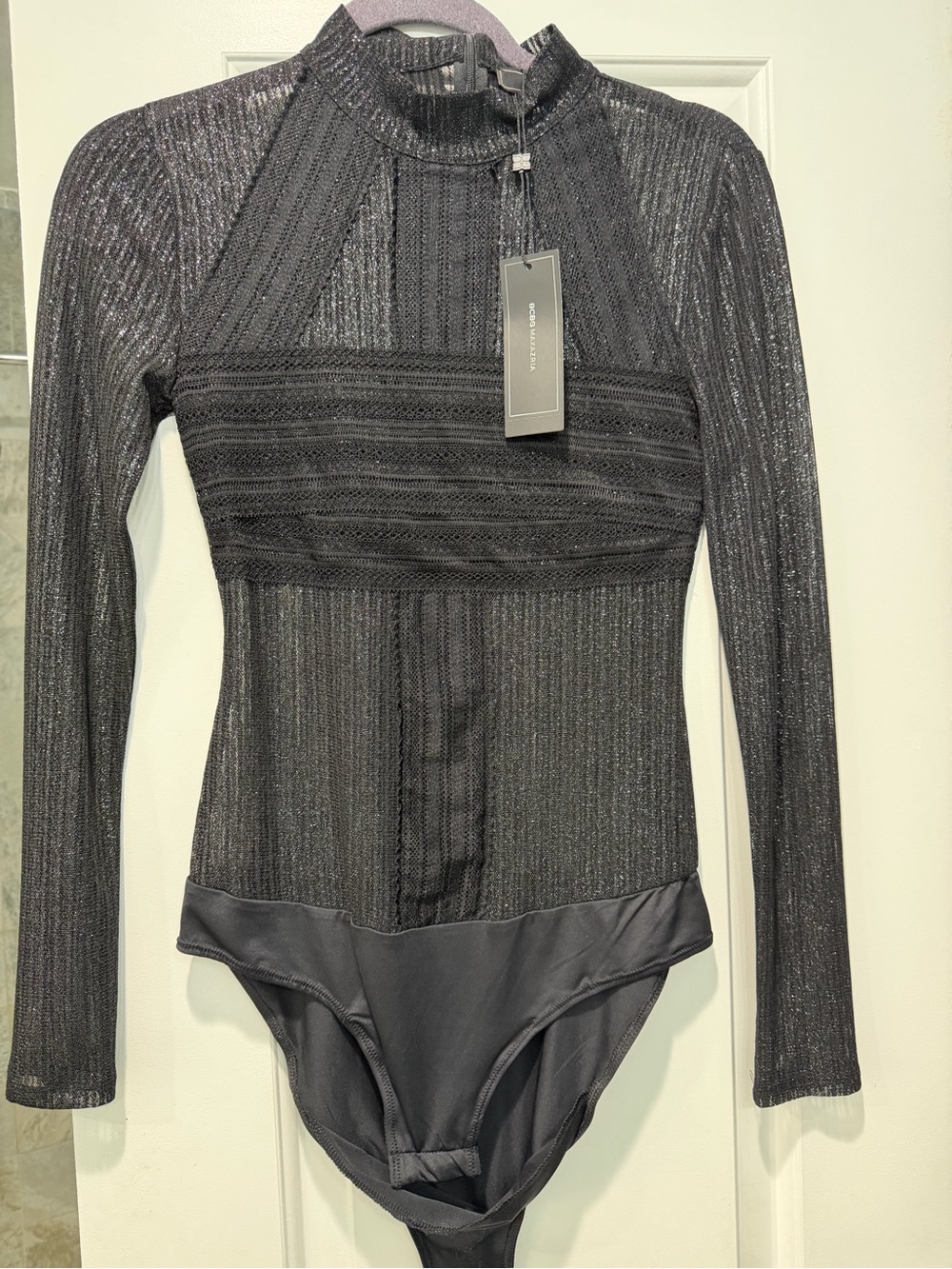 Long-Sleeve BCBG Black Sheer Metallic Bodysuit